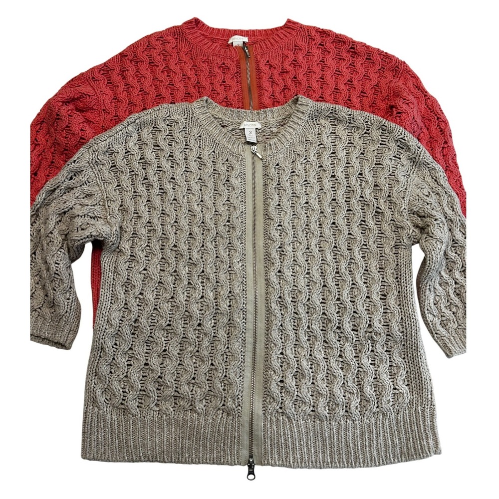 Chico's Full Zip Cardigan Sweater‎ Bundle Womens Sz 3 (Sz 16) Cotton Knit Fall